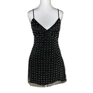 Black Pearl Embellishment Spaghetti Strap Club Holiday Semi Formal Mini Dress